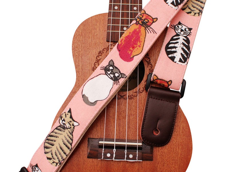MUSIC FIRST Original Design MISS CAT Soft Canvas & Genuine Leather Ukulele Strap Ukulele Shoulder Strap - Image 2